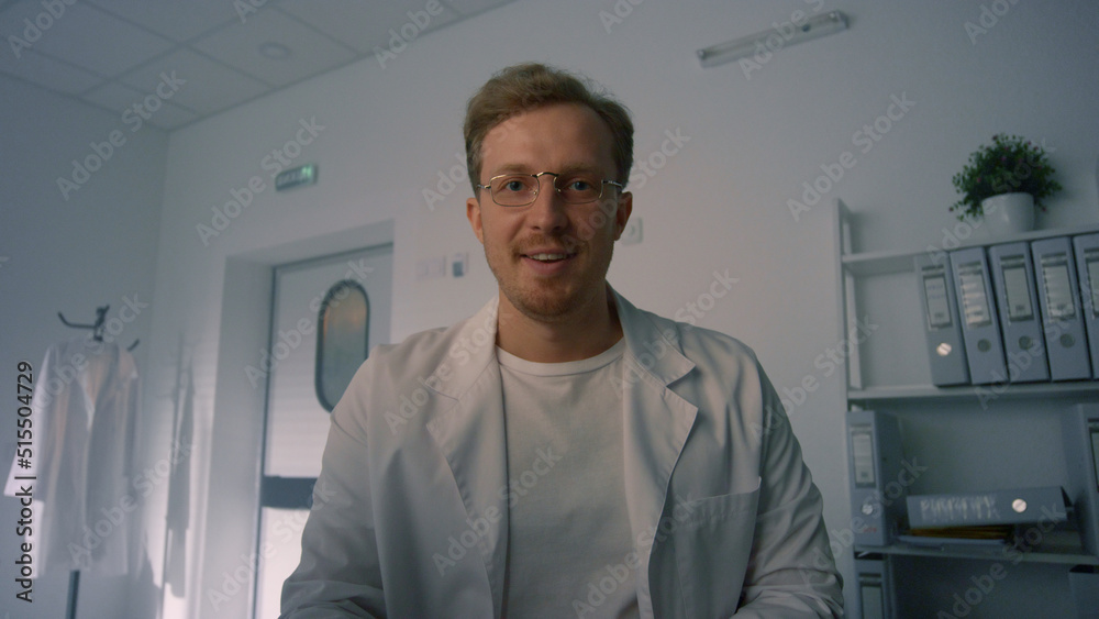 Physician finishing online consulting in hospital pov video. Therapist working. Physician finishing online consulting in hospital pov video. Therapist working.