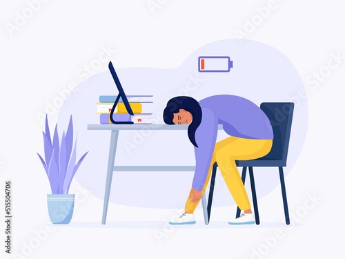 Professional burnout syndrome of exhausted girl. Tired female worker sitting at her workplace in office and low vital power or battery charge indicator. Long working day. Mental health problem, stress