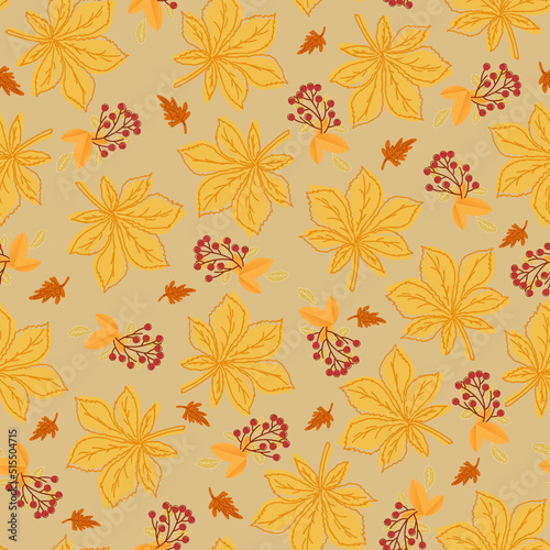 Seamless pattern with autumn leaves of chestnut and rowan berries on beige background.