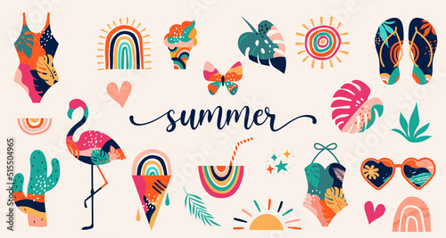 Hello summer, Summer elements and illustrations in vibrant bright colors
