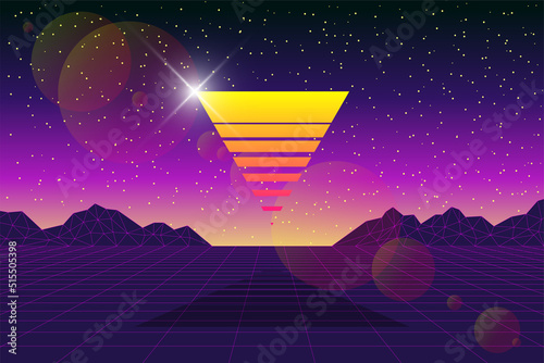 Future digital technology metaverse concept abstract background. Virtual reality universe futuristic 3d landscape with graphical mountains and triangular sun. Meta cyber space vector eps illustration