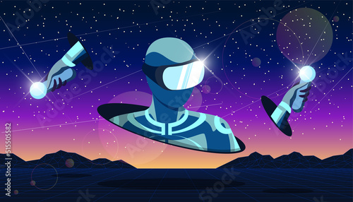 Future digital technology metaverse abstract concept. Man wearing virtual reality glasses in futuristic 3d landscape universe. Person with VR helmet in meta cyber space vector eps illustration