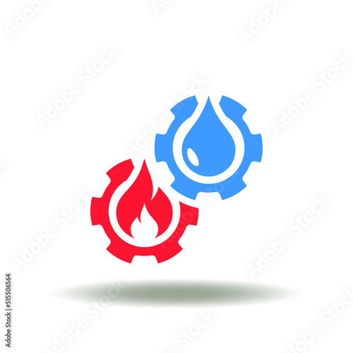 Vector illustration of gears mechanism with fire flame and liquid drop. Icon of plumbing and heating service. Symbol of fire and water confrontation. Sign of firefighting.