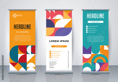 Retro Business Roll Up. Standee Design. Banner Template. Presentation and Brochure. Geometric x-banner and flag-banner advertising. Vector illustration.
