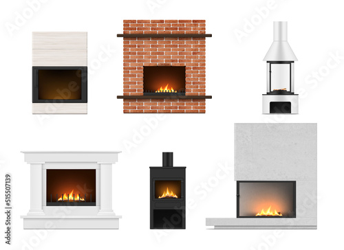 Home fireplaces vintage and modern style realistic set vector burning fire interior chimney