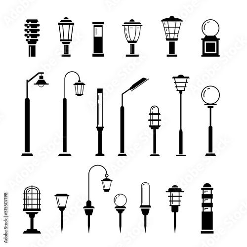 Outdoor lights monochrome black line art icon collection vector illustration. Street retro road lamp