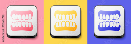 Isometric Dentures model icon isolated on pink, yellow and blue background. Teeth of the upper jaw. Dental concept. Square button. Vector