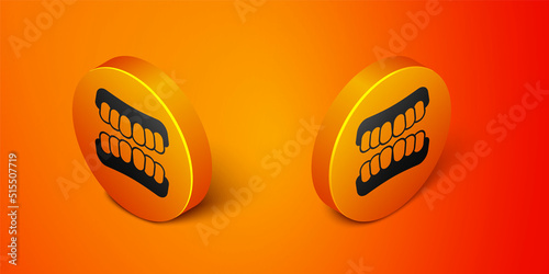 Isometric Dentures model icon isolated on orange background. Teeth of the upper jaw. Dental concept. Orange circle button. Vector