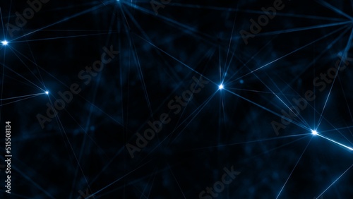 Blue glowing grid of artificial network in three-dimensional logic space on microscopic level abstract Plexus elements web. 3D illustration concept banner background for music logic and meditation ban