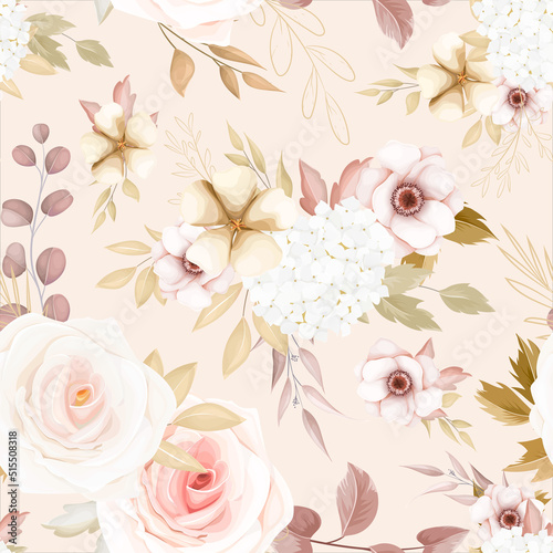 Watercolor hand drawn flowers seamless pattern