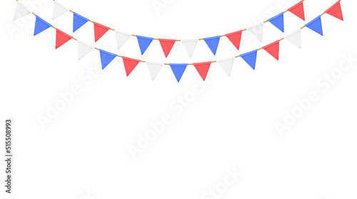 Flag garland. White, blue, red pennants chain. Party bunting decoration. Triangle celebration flags for garden decor. Vector footer and banner 