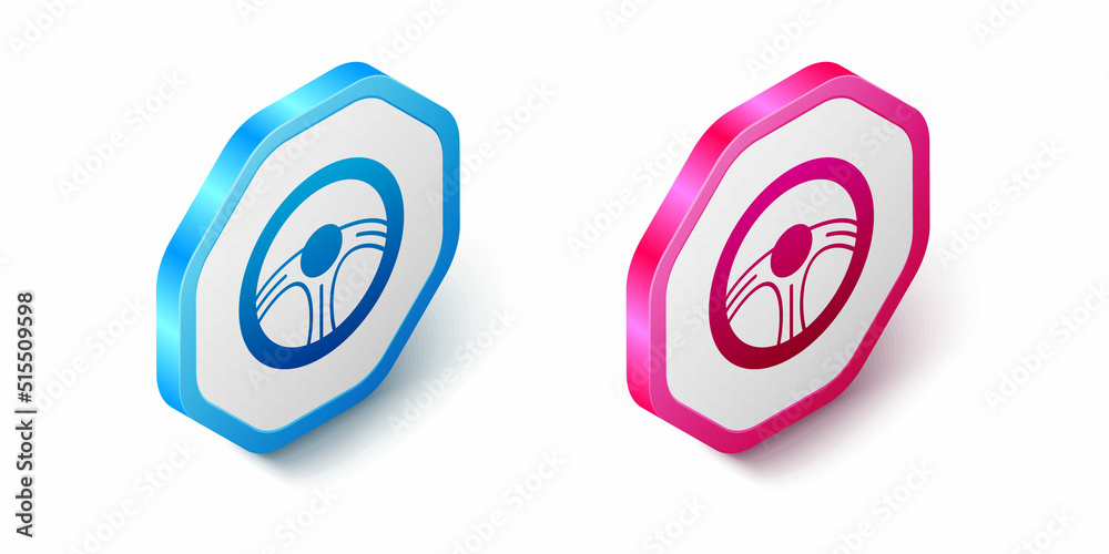 Isometric Racing steering wheel icon isolated on white background. Car wheel icon. Hexagon button. Vector Isometric Racing steering wheel icon isolated on white background. Car wheel icon. Hexagon button. Vector