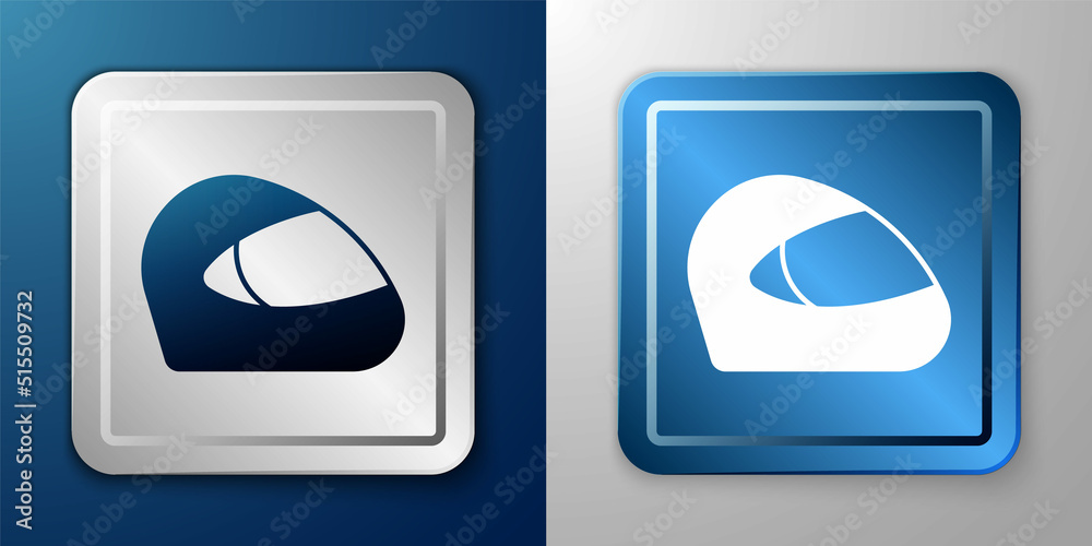 White Racing helmet icon isolated on blue and grey background. Extreme sport. Sport equipment. Silver and blue square button. Vector White Racing helmet icon isolated on blue and grey background. Extreme sport. Sport equipment. Silver and blue square button. Vector