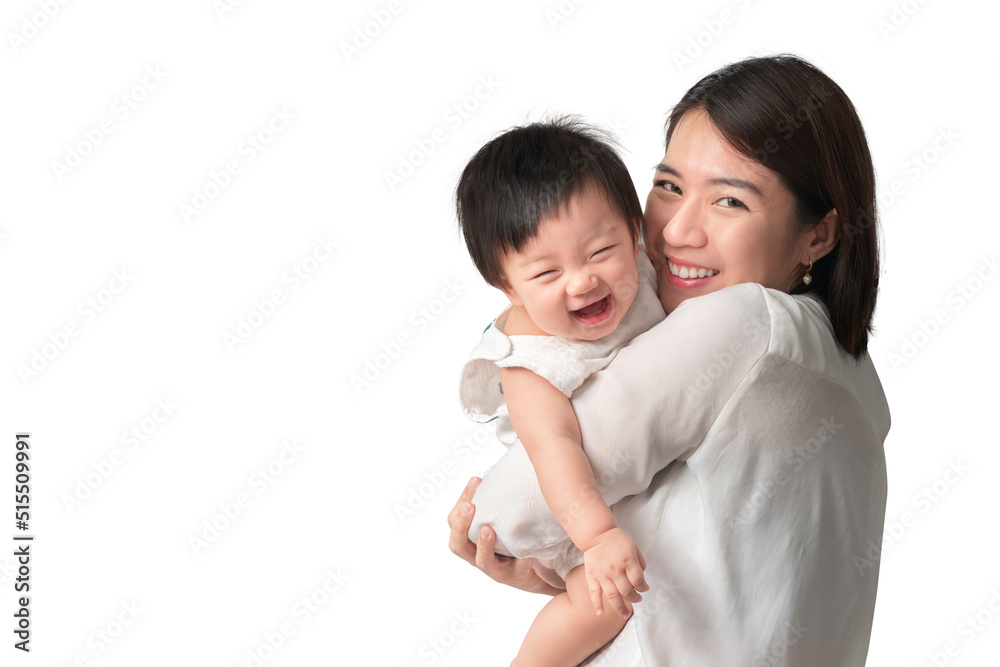 Happy asian woman holding little asian girl with smile, Mother and daughter laughing, isolate on white background, With clipping path. Happy asian woman holding little asian girl with smile, Mother and daughter laughing, isolate on white background, With clipping path.
