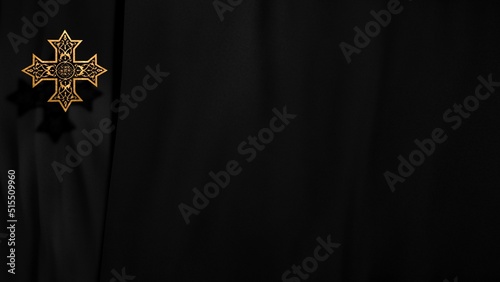 Liturgic black velvet with golden Christian Coptic Orthodox Cross. concept 3D illustration banner background for worship live stream church sermon. Concept of weekday funerals, memorials and liturgies