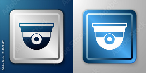 White Security camera icon isolated on blue and grey background. Silver and blue square button. Vector