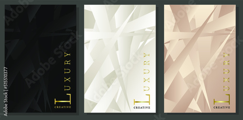 Modern cover design set. Abstract triangular shapes on black, platinum and delicate pink background. Vector illustration for fashionable, beauty, luxury events.