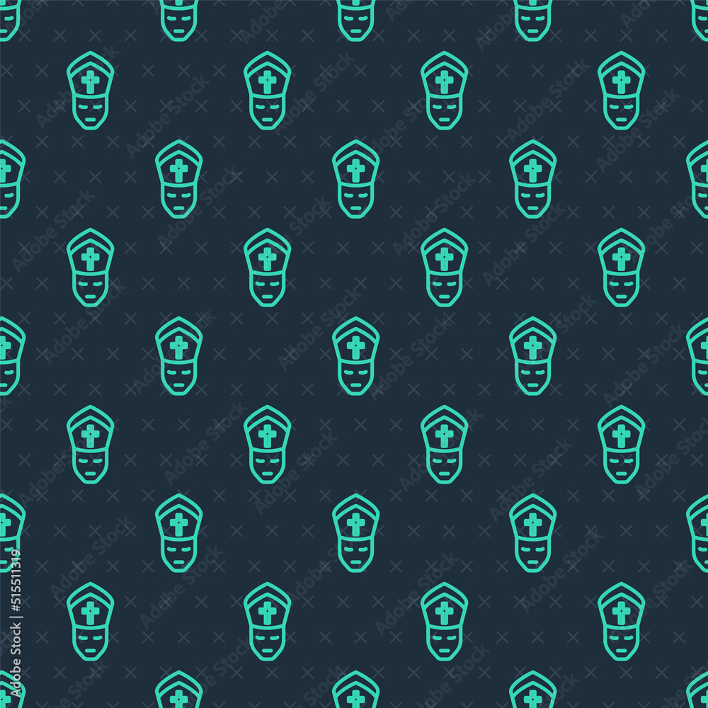 Green line Pope icon isolated seamless pattern on blue background. Pope hat. Holy father. Vector Green line Pope icon isolated seamless pattern on blue background. Pope hat. Holy father. Vector