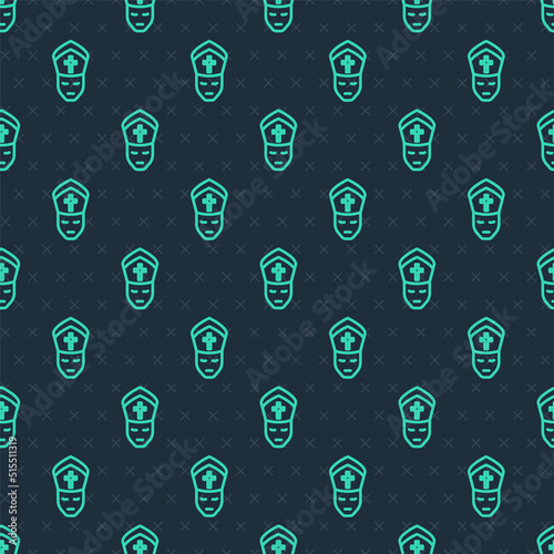 Green line Pope icon isolated seamless pattern on blue background. Pope hat. Holy father. Vector