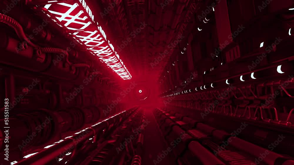 Flying into spaceship tunnel, sci-fi spaceship corridor. Motion. Futuristic technology abstract space ship interior.