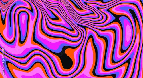 Trippy glitch background in style of psychedelic 60s and 70s parties with bright acidic rainbow colors and a winding geometric wavy pattern.