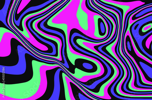 Trippy glitch background in style of psychedelic 60s and 70s parties with bright acidic rainbow colors and a winding geometric wavy pattern.