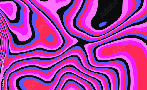 Trippy glitch background in style of psychedelic 60s and 70s parties with bright acidic rainbow colors and a winding geometric wavy pattern.