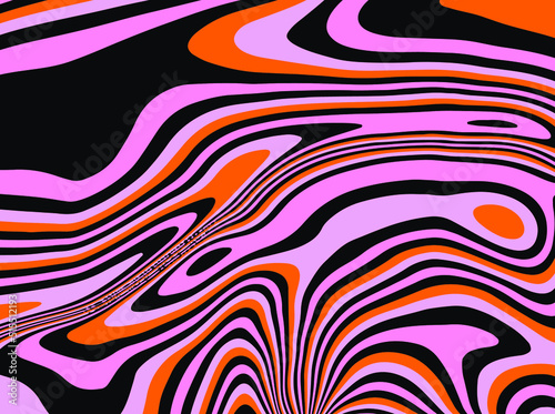 Trippy glitch background in style of psychedelic 60s and 70s parties with bright acidic rainbow colors and a winding geometric wavy pattern.