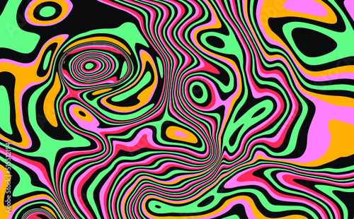 Trippy glitch background in style of psychedelic 60s and 70s parties with bright acidic rainbow colors and a winding geometric wavy pattern.