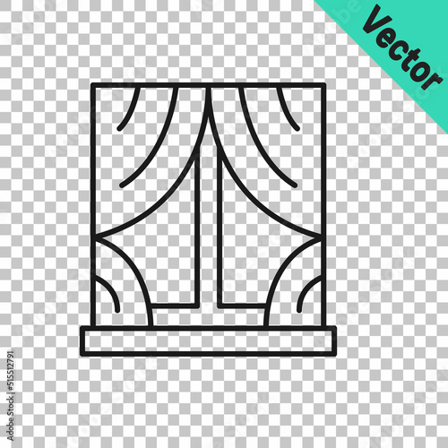 Black line Window with curtains in the room icon isolated on transparent background. Vector