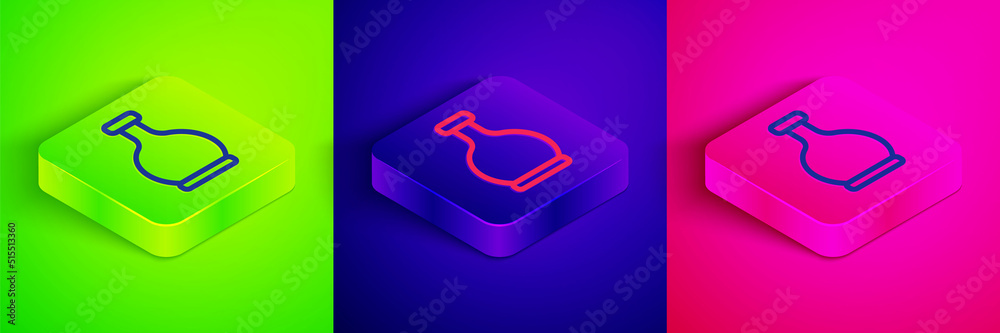 Isometric line Bottle with potion icon isolated on green, blue and pink background. Flask with magic potion. Happy Halloween party. Square button. Vector Isometric line Bottle with potion icon isolated on green, blue and pink background. Flask with magic potion. Happy Halloween party. Square button. Vector