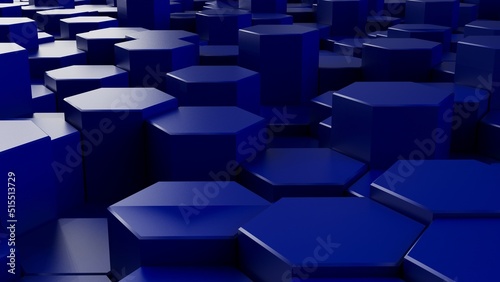 Abstract background with waves made of deep blue futuristic honeycomb mosaic geometry primitive forms that goes up and down under orange back-lighting. 3D illustration. 3D CG. High resolution.