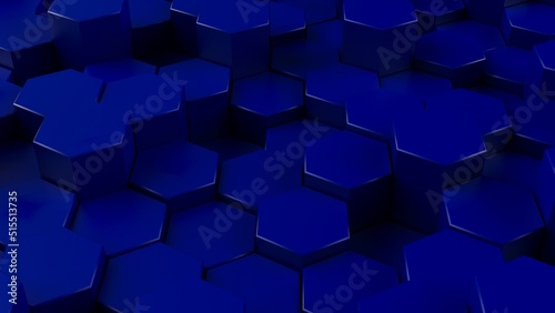 Abstract background with waves made of deep blue futuristic honeycomb mosaic geometry primitive forms that goes up and down under orange back-lighting. 3D illustration. 3D CG. High resolution.