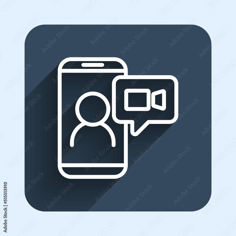 White line Video chat conference icon isolated with long shadow background. Online meeting work form home. Remote project management. Blue square button. Vector White line Video chat conference icon isolated with long shadow background. Online meeting work form home. Remote project management. Blue square button. Vector