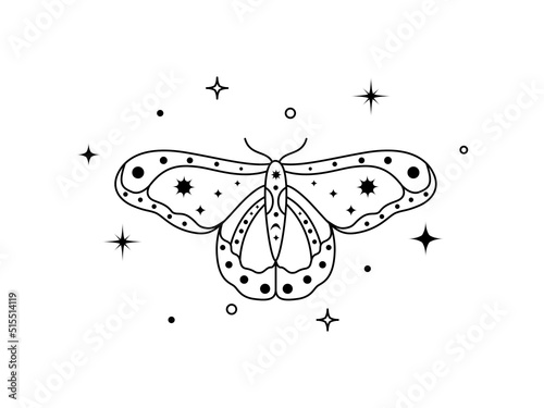 Mystical celestial night butterfly. Spiritual elegant moth for branding name logo and witchcraft shop and beauty salon. Esoteric magic tattoo. Outline Vector illustration