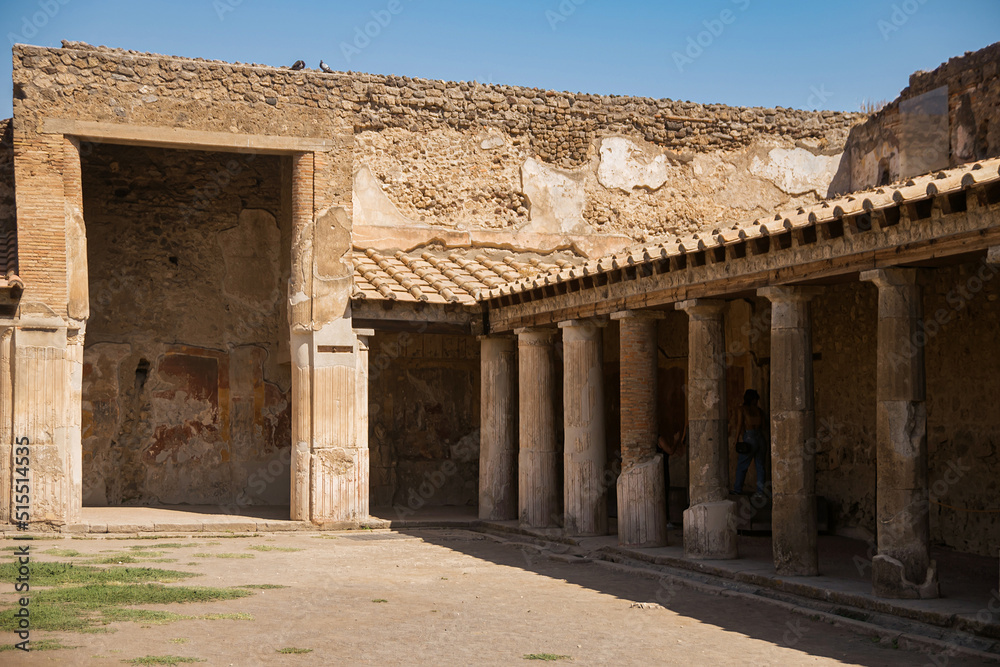 Archaeological park of Pompeii. An ancient city that tragically perished under lava. Old dilapidated houses, villas. Internal Italian courtyards.