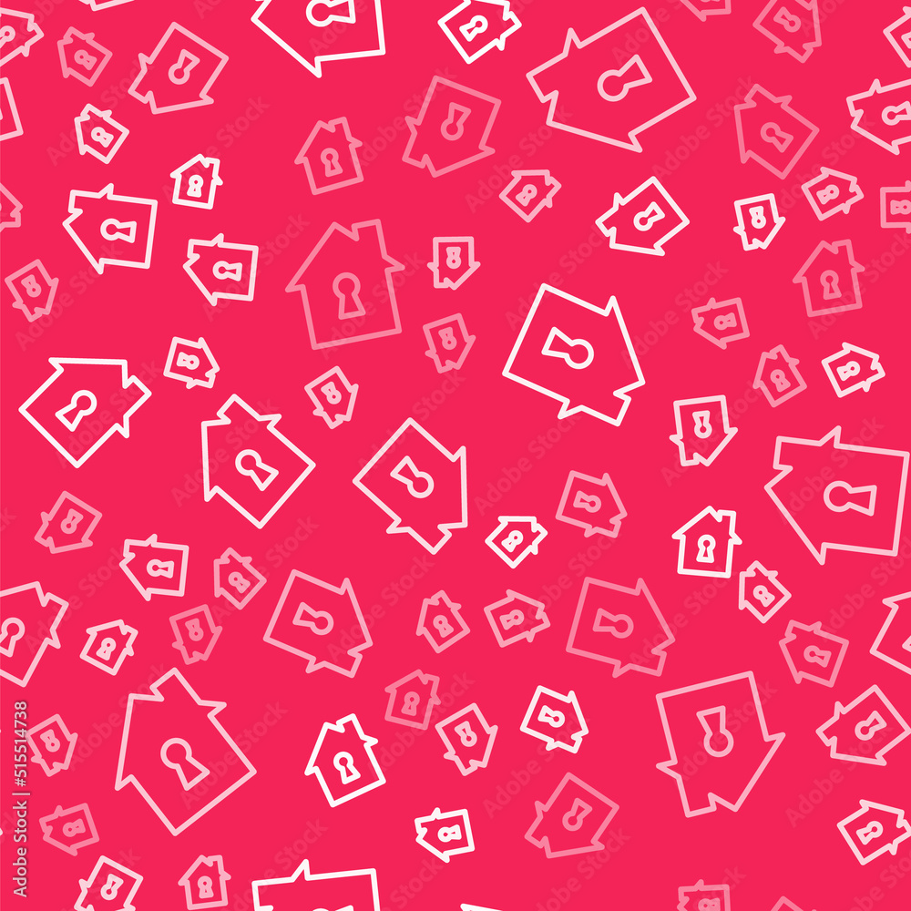 White line House under protection icon isolated seamless pattern on red background. Home and shield. Protection, safety, security, protect, defense concept. Vector White line House under protection icon isolated seamless pattern on red background. Home and shield. Protection, safety, security, protect, defense concept. Vector