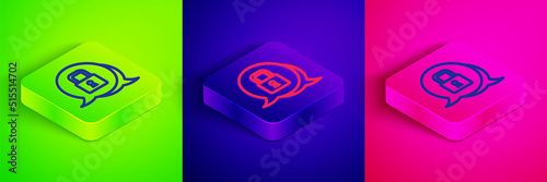 Isometric line Lock icon isolated on green, blue and pink background. Padlock sign. Security, safety, protection, privacy concept. Square button. Vector