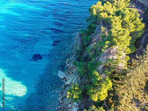 Panoramic aerial view over Chrysi Milia beach in Alonnisos island  Greece