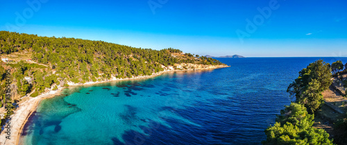 Panoramic aerial view over Chrysi Milia beach in Alonnisos island, Greece