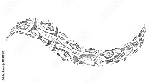 Fish wave composition. Decorative flock of fish. Vector illustration of school of fish