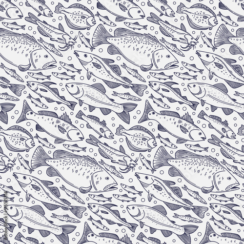 Fish seamless pattern. Hand drawn vector fishes background in vintage style