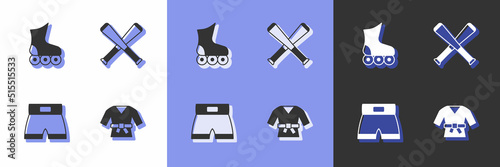 Set Kimono, Roller skate, Boxing short and Crossed baseball bat icon. Vector