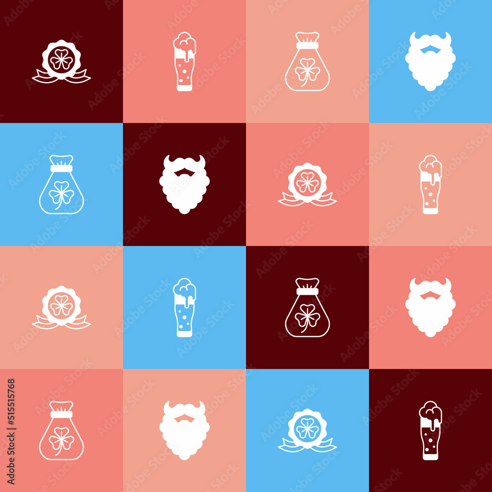 Set pop art Medal with clover, Glass of beer, Money bag and Mustache and beard icon. Vector Set pop art Medal with clover, Glass of beer, Money bag and Mustache and beard icon. Vector