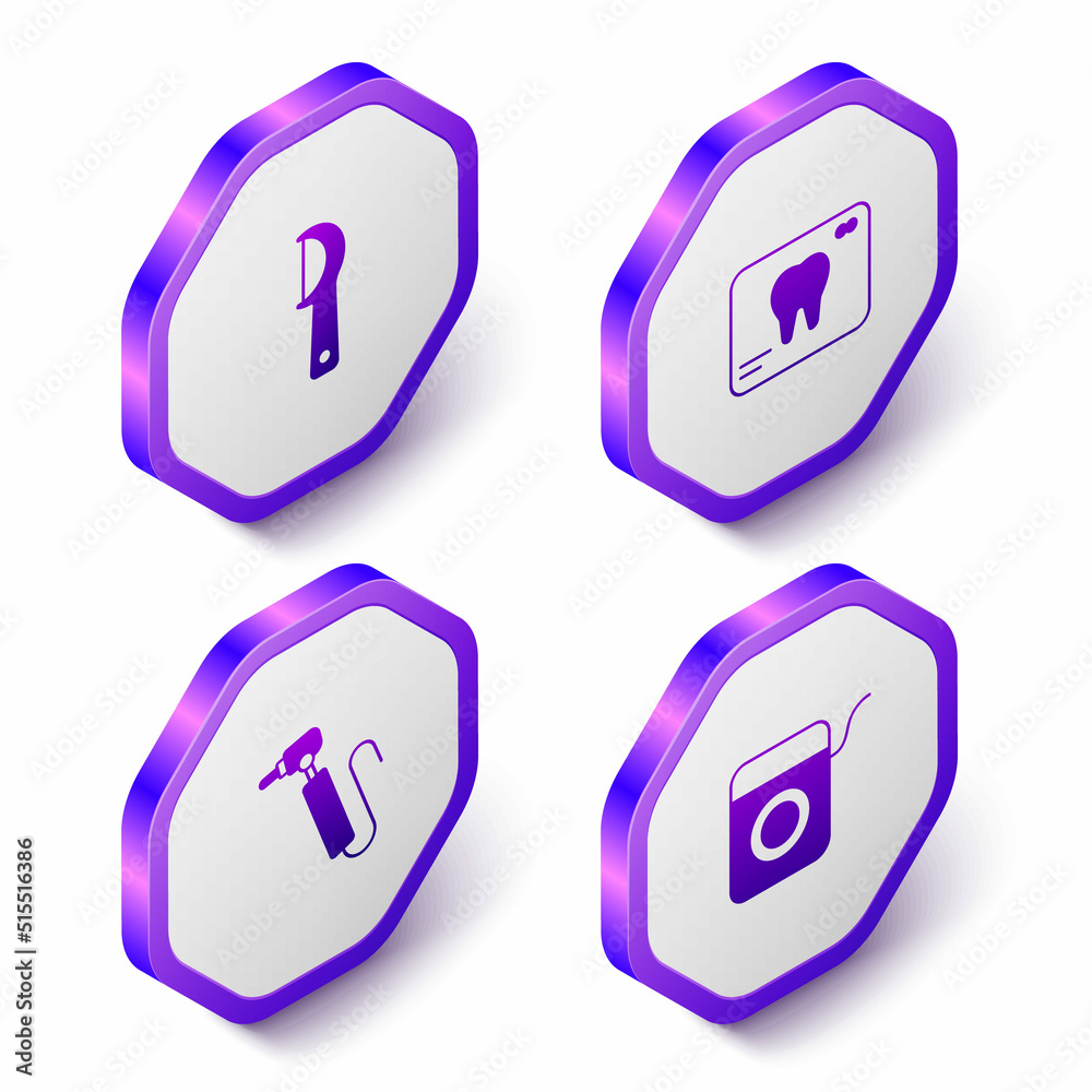Set Isometric Dental floss, X-ray of tooth, Tooth drill and icon. Purple hexagon button. Vector Set Isometric Dental floss, X-ray of tooth, Tooth drill and icon. Purple hexagon button. Vector