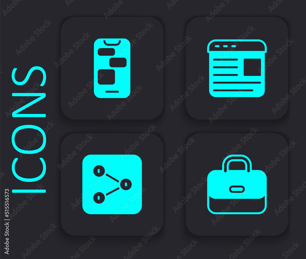 Set Briefcase, Mobile 24 hours support, Advertising and Share icon. Black square button. Vector Set Briefcase, Mobile 24 hours support, Advertising and Share icon. Black square button. Vector