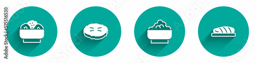 Set Chow mein on plate, Homemade pie, Rice bowl and Fish steak icon with long shadow. Vector