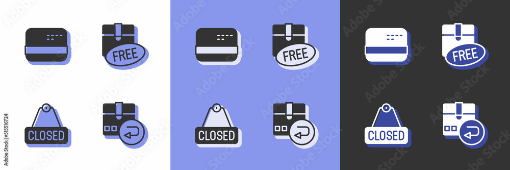 Set Return cardboard box, Credit, Hanging sign with text Closed and Cardboard free symbol icon. Vector Set Return cardboard box, Credit, Hanging sign with text Closed and Cardboard free symbol icon. Vector