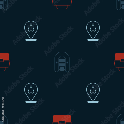 Set Case or box for fishing, Inflatable boat with motor and Fishing hook on seamless pattern. Vector