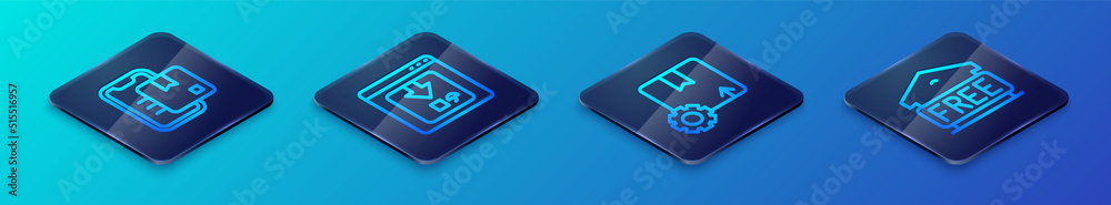Set Isometric line Gear with package box, Document tracking marker, Free storage and Online app delivery icon. Vector Set Isometric line Gear with package box, Document tracking marker, Free storage and Online app delivery icon. Vector